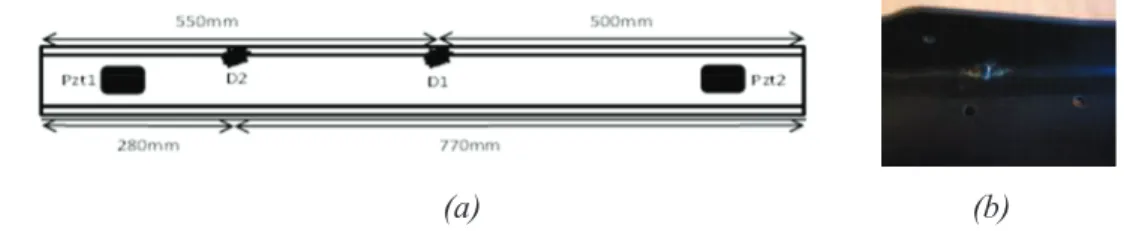 Figure 3: Mesh of the stiffener with IDW interpolation computed by the exponential  attenuation law for m=40e-3[m-1] (a) for transducer n°1 (b) for transducer n°2 
