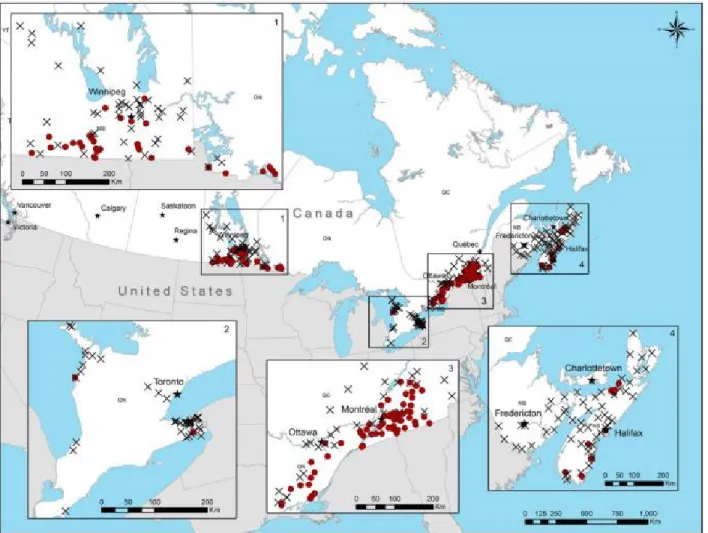 Figure 1.5 Présence de I. scapularis au Canada (cercles rouges) selon le rapport de surveillance de 2008  à 2012