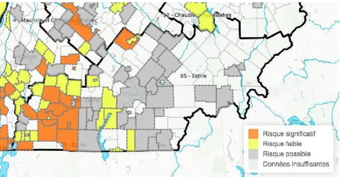 Figure 2.2 Carte des régions à risque d’acquisition de la maladie de Lyme dans la région de l’Estrie  (juillet 2017) (tiré de : INSPQ, 2017) 