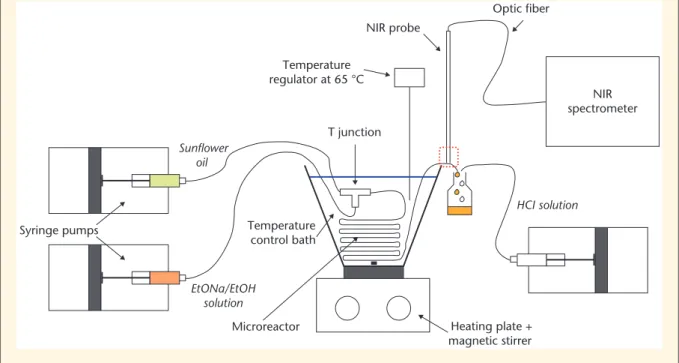 Figure 2. Experimental set-up of the transesterification reaction carried out in a microreactor.