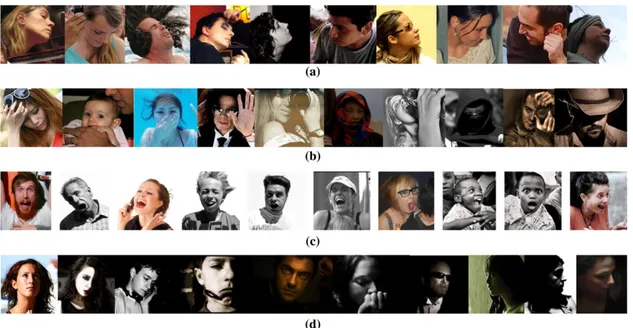 Figure 3.3: Illustration of the images contained in the MENPO dataset (a = pose; b = occlusion; c = expression; d = illumination) [49].