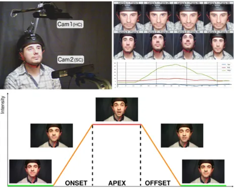 Figure 3.5: Sample images of facial expressions recorded under pitch movements from the SNaP-2DFe dataset (row 1: helmet camera, only expression movement; row 2: static camera, expression and head movement)