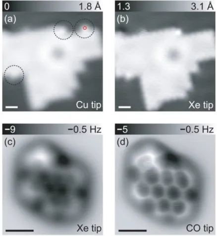 Figure 1.5: Tip functionalization with xenon atoms adsorbed at the edge of NaCl island on Cu(111), a) before and b) after picking up Xe atom on Cu tip, scanning parameters I=2 pA, V=0.2 V