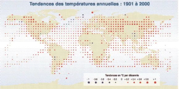 Figure 1.2  Tendances des températures annuelles au cours du 20 ième  siècle. Tirée de  Gitay et al, 2002, p.5