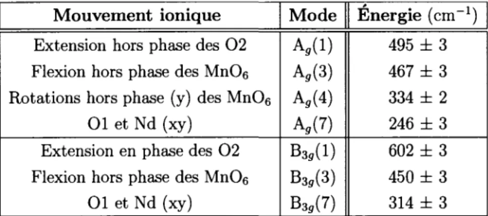 TABLEAU B.l - Energie des phonons du  N d M n 0 3  a T = 5 K 