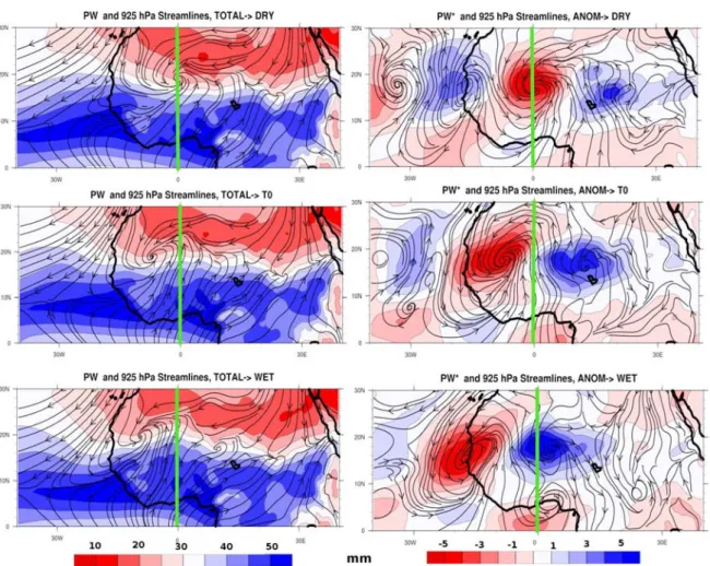 FIG. 6.4 – Schéma conceptuel des AEW : PW (couleur) et lignes de flux associées à 925 hPa