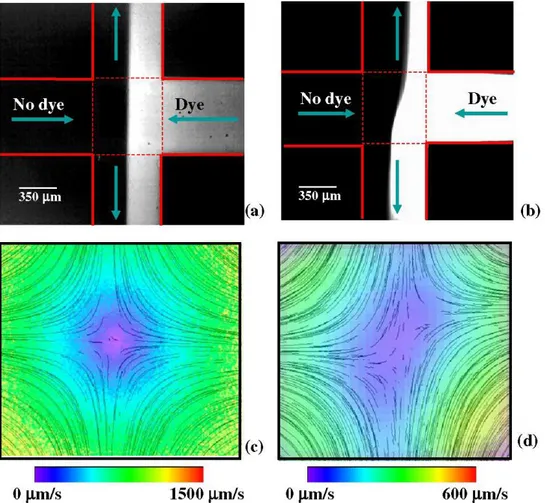 Figure 3.3 – Patterns of dye advection (a) and (b), and particle streak lines (c) and (d), comparing a Newtonian fluid flow (left panels) to the flow of a PAA flexible polymer solution (right panels) at Re &lt; 10 − 2 