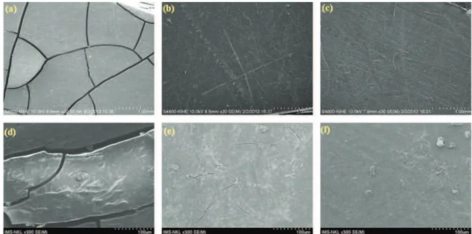 Figure 10. SEM images of the nanocomposites after the accelerated weathering test; (a) EVA; (b) E0M3S; (c) E1M3S (magnification 100 times); (d) EVA; (e) E0M3S; (f) E1M3S (magnification 10,000 times).