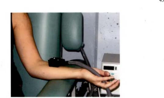 Figure  6. Test de la stimulation thermique (Thermode Peltier 3 cm 2  TSA Il)  La figure représente la thermode: une petite plaque chauffante que l'on applique sur  l'avant-bras gauche du participant durant deux minutes
