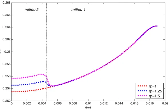 Figure 13 : Profil de fraction massique à la surface de la mèche pour différents  contrastes de porosité r p