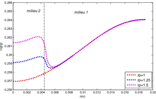 Figure 19 : Profil de fraction massique à l’interface de la mèche pour différents  contrastes de porosité r p   dans le cas du ciel δ=7.5mm 
