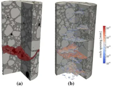 Figure II .4: Comparison of crack patterns at post-peak stage between: (a) segmented 3D image of experimental scan and (b) numerical crack pattern Stamati et al