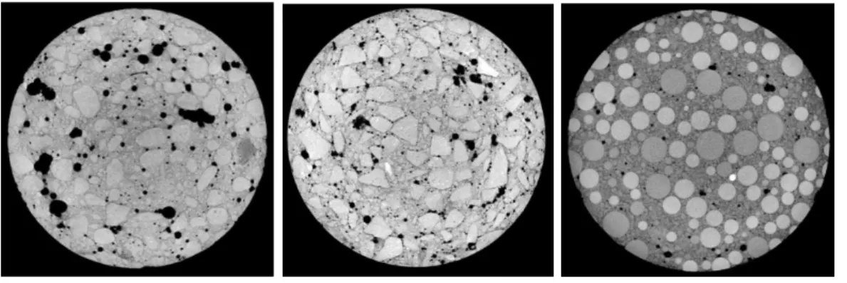 Figure II .5: Tomographic cross-sectional view of three concretes which exhibit different coarse aggregates (Piotrowska, 2013).