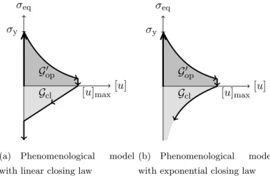 Figure III .12: Two hypothesis for local constitutive models with linear and non-linear closing laws at the discontinuity interface.