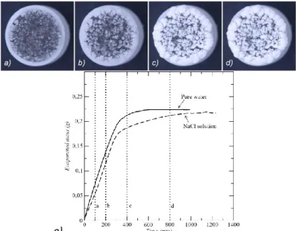 Fig. 3. a) to d) Top photographs of a ROBU class 0 pellet initially saturated with the NaCl  solution, at increasing evaporation times: 100, 200, 400 and 800 min; e) Evaporated  mass as a function of time for a ROBU class 0 pellet initially saturated with 