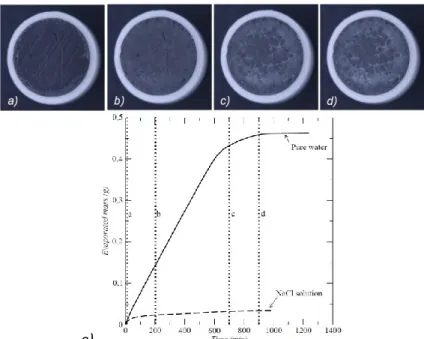 Fig. 4. a) to d) Top photographs of a ROBU class 5 pellet initially saturated with a NaCl  solution, at increasing evaporation times: 10, 200, 700 and 900 min