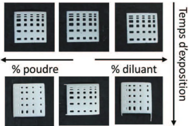 Figure 4. Tests de d´efinition en microst´er´eolithographie.