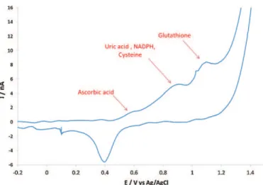 Fig. 11. Cyclic voltammogram of the (Au–Pt–Ag/AgCl) electrochemical microcell on the skin surface (potential scan rate: 50 mV s −1 ).