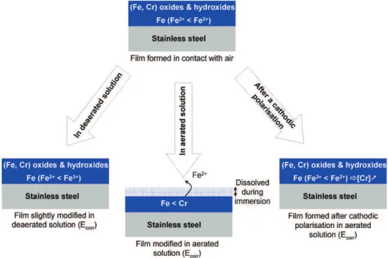 Fig. 11. Schematic illustration of the passive films formed under different conditions based on impedance results and XPS analyses (films composition).