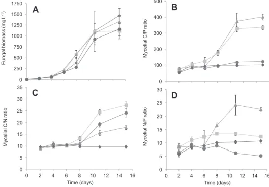Fig 1 e Growth of the aquatic hyphomycete Tetrachaetum elegans (A) and elemental composition of mycelium (C/P (B), C/N (C), and N/P (D) molar ratios) during its growth in a batch experiment, in four nutrient conditions: NP-rich ( ), N-depleted ( ), P-deple