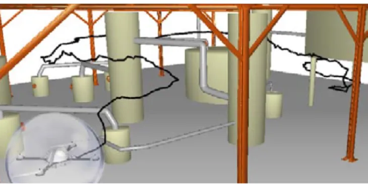 Fig. 1. Path produced by the Bidirectional T-RRT for a quadrotor flying in a dense industrial environment.