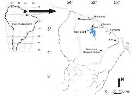 Fig.  1  Distribution  of  sampling localities  (Nouragues.  Kaw,  Petit  Saut. Angoulème