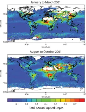 Figure 1.5.   Epaisseur Optique en Aérosol à 0.55  µm déduite de MODIS en moyenne pour  janvier-mars 2001 (haut), et août-octobre 2001 (bas)