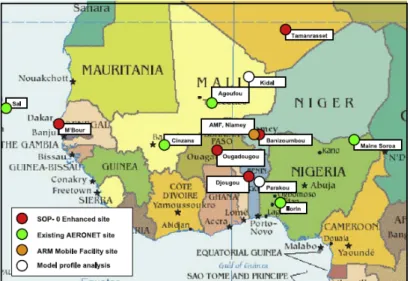 Figure 2.1.   Localisation des principaux sites de mesures des aérosols pendant AMMA ; en rouge  sont indiqués les 4 super-sites de M’Bour (Sénégal), Djougou (Bénin), Banizoumbou (Niger), et  Tamanrasset (Algérie)