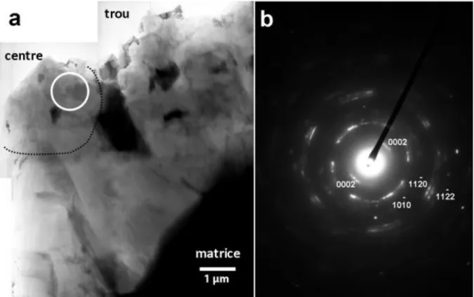 Figure 27 : Image en champ clair d'un sphéroïde de graphite partiellement déchiré par le PIPS proche de  son centre (a) et diffraction électronique prise dans la zone centrale (b) 
