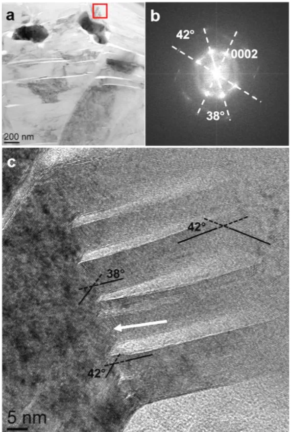 Figure 36 : Image de deux inclusions dans un sphéroïde de graphite (a), transformée de Fourier (b) de  l’image haute résolution montrant des changements d'orientation des BC (c) 
