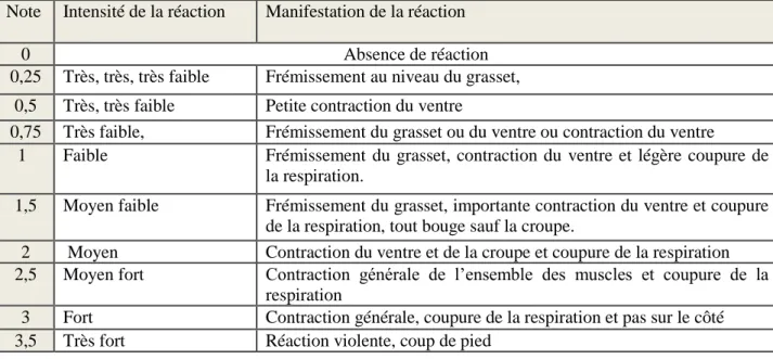 Tableau II-4 : Grille de notation de la réponse à la stimulation de l’axe grasset-hanche par  un objet : 