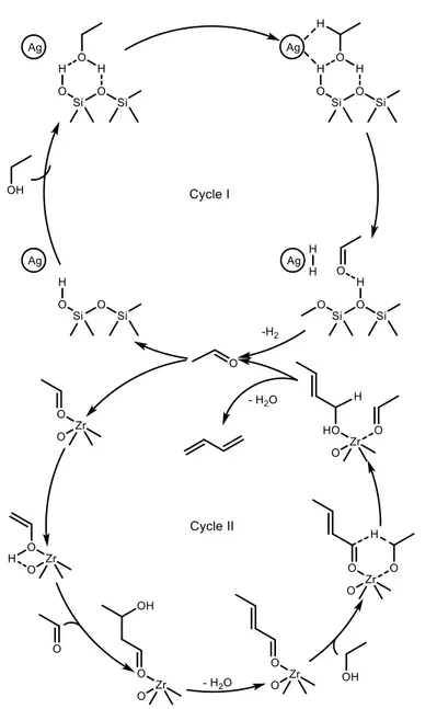 Figure 1.13 Dual cycle molecular-level mechanism for the ethanol-to-butadiene reaction proposed  by Ivanova et al