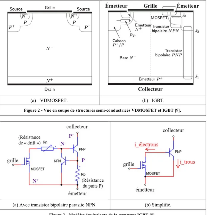 Figure 2 - Vue en coupe de structures semi-conductrices VDMOSFET et IGBT [9]. 