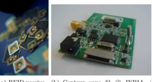 Figure 1.1 – Etiquettes RFID, passive et active (capteurs sans fil).