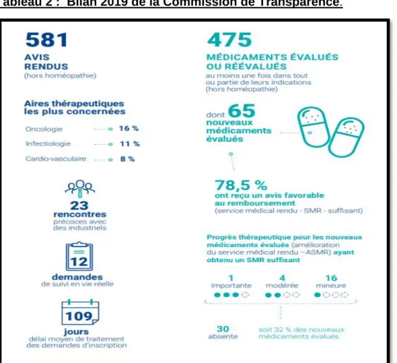 Tableau 2 :  Bilan 2019 de la Commission de Transparence.