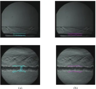 Fig. 2 Schlieren images of the MZ at different instants for L = 250mm. Colored lines illustrate the boundaries obtained from (a) spatial algorithm, (b) frequential algorithm