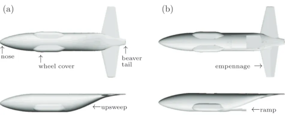 Fig. 1 Simplified C-130 geometry depicting lower view (top) and side view (bottom) of the closed (a) and opened (b) cargo-door and ramp configurations