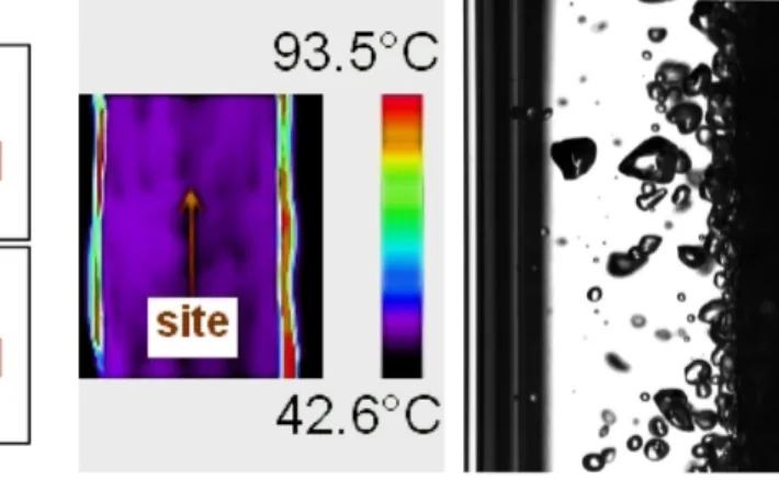Figure  3:  Left  hand  side:  snapshot  of  IR  camera  wall  temperature  measurements  in  the  nucleate  boiling  regime