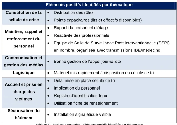 Tableau 6 : Analyse a posteriori - Eléments positifs identifiés par thématique 