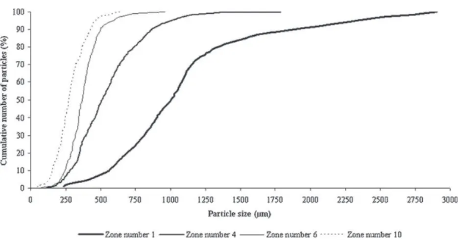 Fig. 4. Cumulative number of particles as a function of particle size for the matter inside, collected at the end of trial 13, in zones 1, 4, 6, and 10 along profile 4.