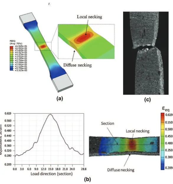 Fig. 12. Deformation localization: diffuse necking and local necking (a) numerical result (b) experimental result obtained by SIC, and (c) specimen after fracture.