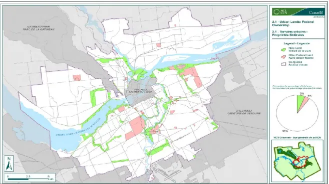 Figure 3.2 Terrains urbains de l’Ontario et du Québec sous la gestion de la CCN  (tiré de : CCN, 2015, p