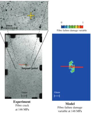 Fig. 12. Experimental and numerical cracks during CAI test (impact test at 29.5 J).