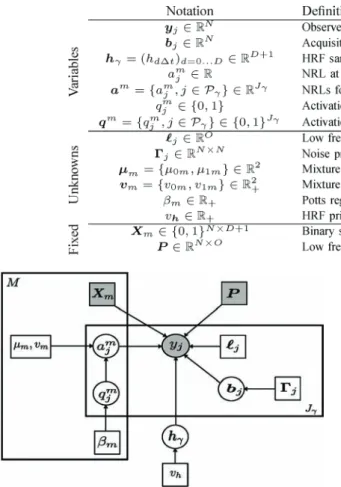 Fig. 1. Graphical model describing dependencies between latent and observed variables involved in the JDE generative model for a given parcel with voxels