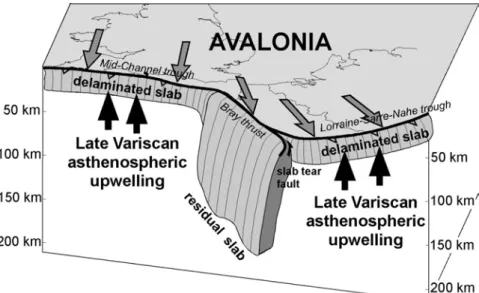 Fig. 6. 3D sketch diagram illustrating the geometry of the Variscan root zones below the Paris basin at the end of  the orogenic process (i.e