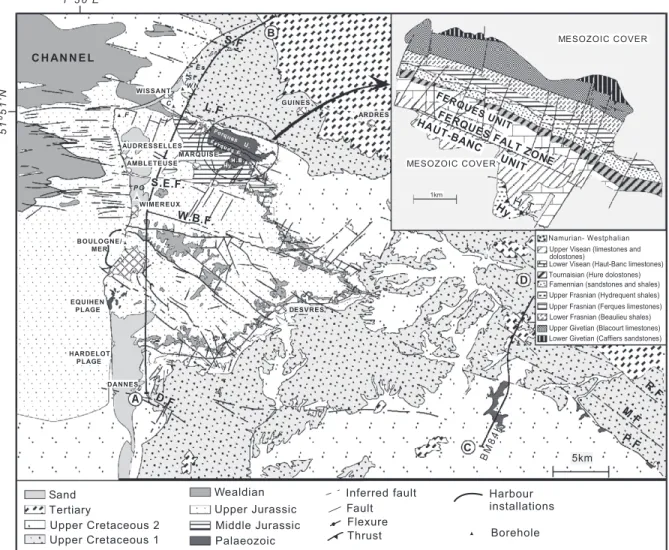 Fig. 3. Detailed geological map of the Boulonnais area showing location of the Palaeozoic inlier and the distribution of the main faults