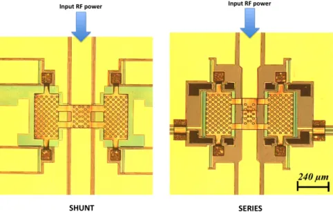 Figure 2.7: Picture of the DUT for the thermal steady state analysis (RF-MEMS capacitive shunt and series  switches 35 )