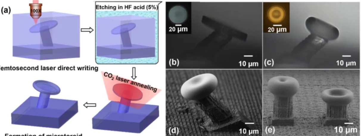 Fig. 1.25: Fabrication of 3D high-Q resonator in fused silica with SEM images (a) Sequence of  steps (b) After laser direct write and HF etch (c) After laser annealing (d) Resonator with tilted 