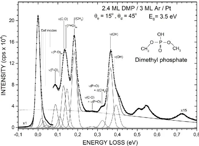 FIG 2. A representative electron energy loss spectrum measured with incident electrons of 3.5 eV  on 2.4 monolayers (ML) of DMP deposited on 3 ML of Ar