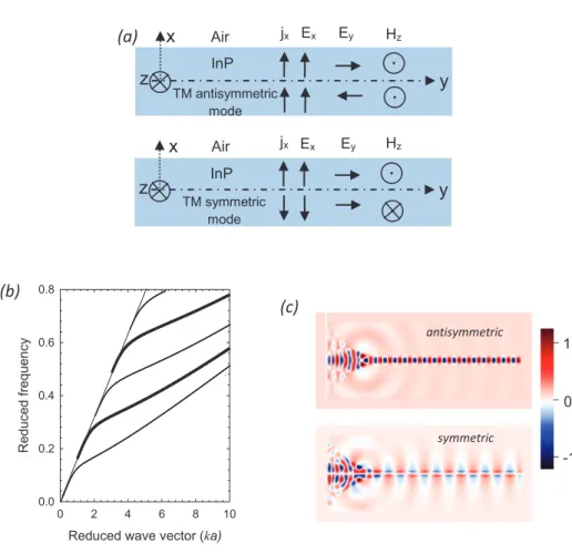 Fig. 2: (a) Représentation de la symétrie de la source de courant et des champs électromagnétiques à l’intérieur  du guide d’onde pour les modes antisymétriques et symétriques pour une polarisation (TM)